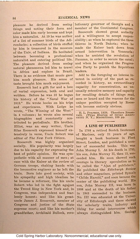 &quote;A Great Hyperkinetic,&quote; Eugenical News (vol. 5:11), biography of Theodore Roosevelt including reference to his political relatives