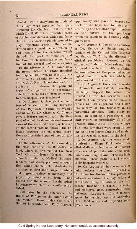 &quote;Clinical and Field Studies of the 1921 Training Class,&quote; Eugenics Record Office,  Eugenical News (vol. 6)