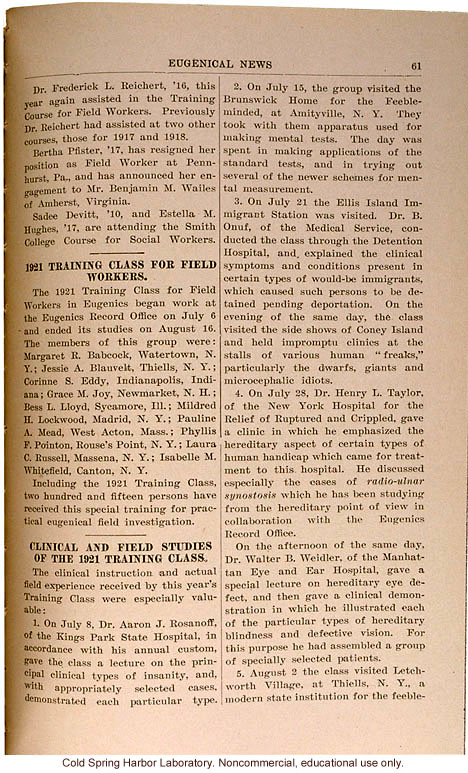 &quote;Clinical and Field Studies of the 1921 Training Class,&quote; Eugenics Record Office,  Eugenical News (vol. 6)