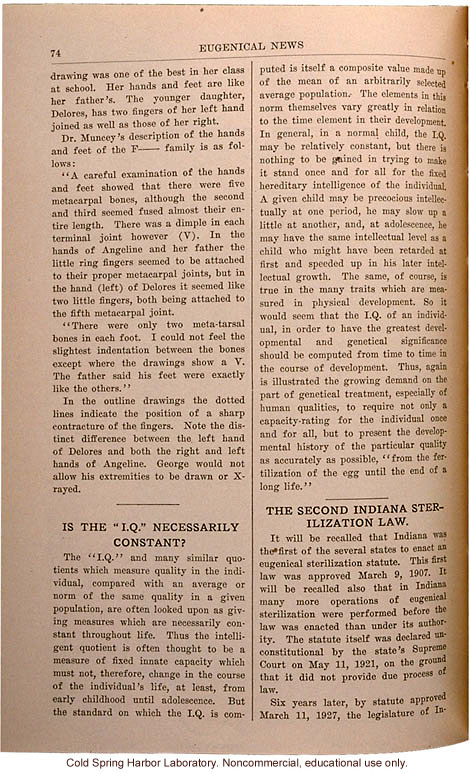 &quote;Syndactyly in the F__ Family,&quote; Eugenical News (vol. 15), fused fingers or toes -- later shown to be an autosomal dominant trait