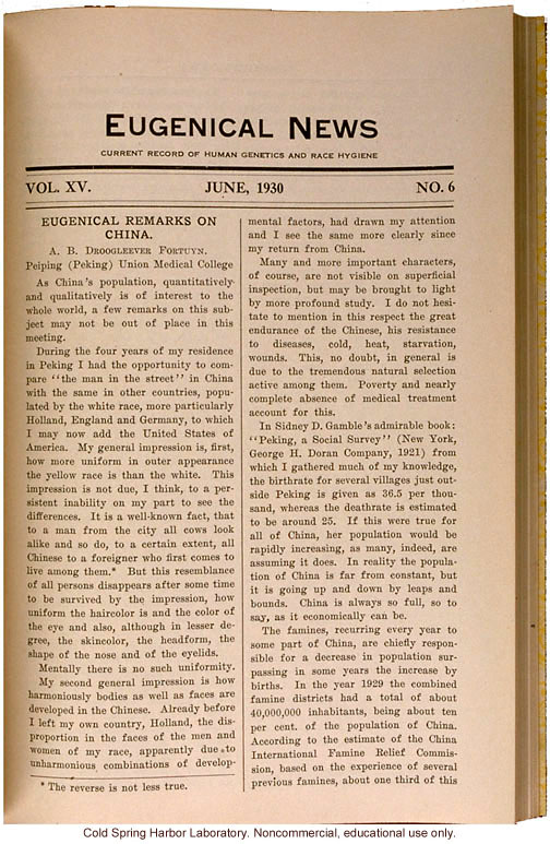 &quote;Eugenical Remarks on China,&quote; by A.B. Droogleever Fortuyn, Eugenical News (vol. 15:6)