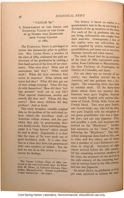 &quote;Vassar '82,&quote; Eugenical News (vol.18), ancestry and achievements of Vassar graduates from a survey by Mrs. Lucien Howe