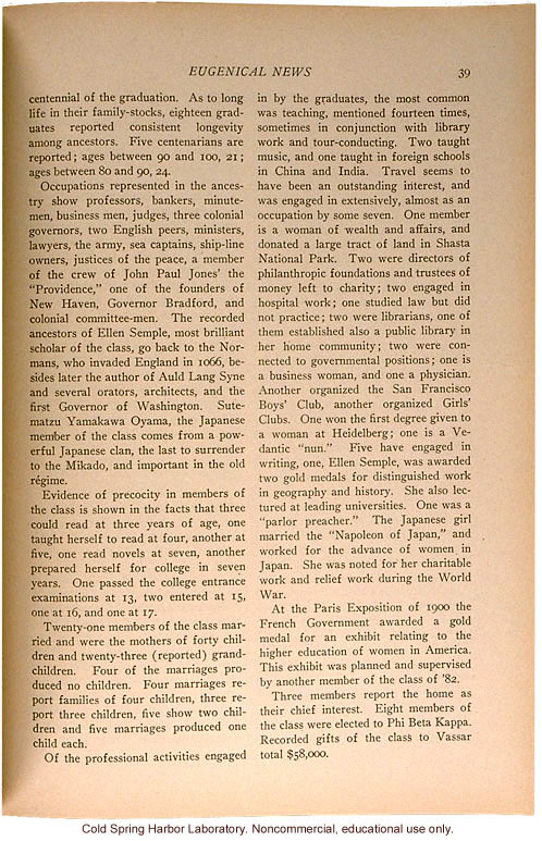 &quote;Vassar '82,&quote; Eugenical News (vol.18), ancestry and achievements of Vassar graduates from a survey by Mrs. Lucien Howe