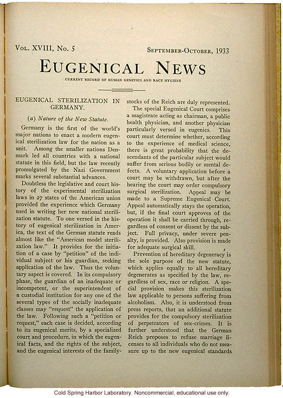 &quote;Eugenical Sterilization in Germany,&quote; Eugenical News (vol. 18:5), commentary and full translation of the German sterilization statute of 1933