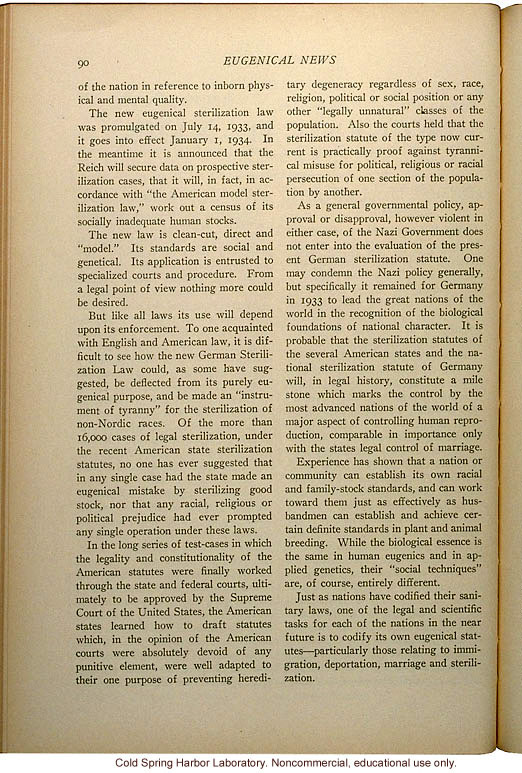 &quote;Eugenical Sterilization in Germany,&quote; Eugenical News (vol. 18:5), commentary and full translation of the German sterilization statute of 1933