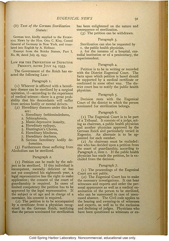 &quote;Eugenical Sterilization in Germany,&quote; Eugenical News (vol. 18:5), commentary and full translation of the German sterilization statute of 1933