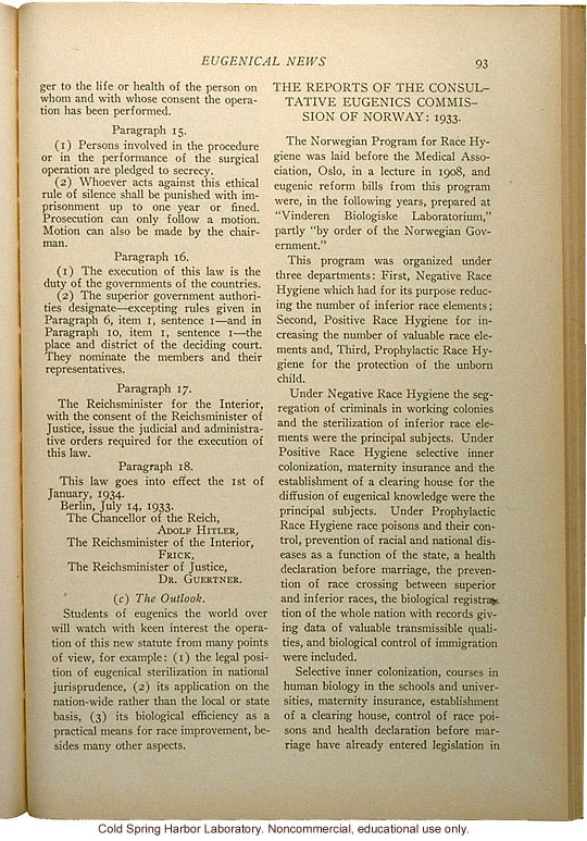 &quote;Eugenical Sterilization in Germany,&quote; Eugenical News (vol. 18:5), commentary and full translation of the German sterilization statute of 1933