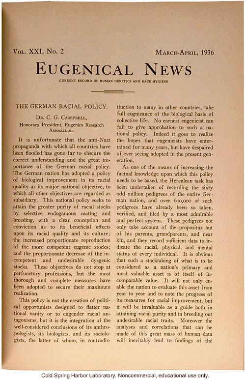 &quote;The German Racial Policy,&quote; by C.G. Campbell, Eugenical News (vol.21:2)