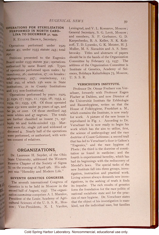 &quote;Verschuer's Institute,&quote; Eugenical News (vol. 21), Otmar von Verscheur's move to the House of Folkhygiene in Frankfurt, Germany