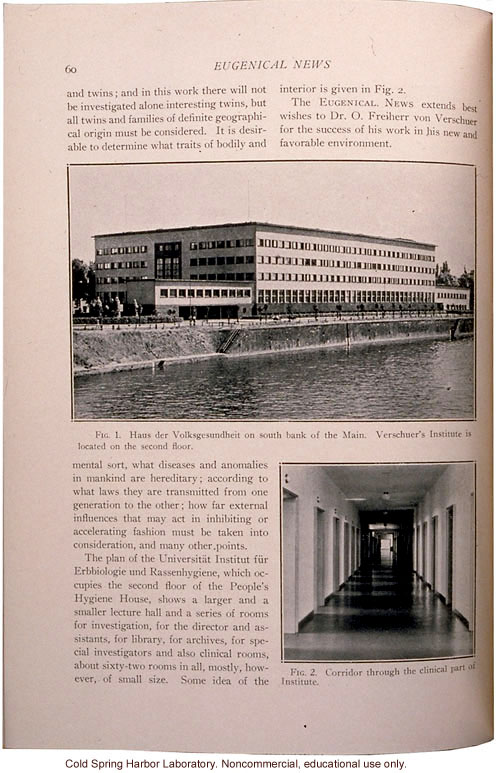 &quote;Verschuer's Institute,&quote; Eugenical News (vol. 21), Otmar von Verscheur's move to the House of Folkhygiene in Frankfurt, Germany