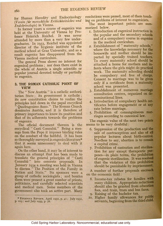 &quote;Eugenics in Austria,&quote; Eugenics Review (vol. 26:4), highlighting the moderating influence of Catholicism on eugenic programs