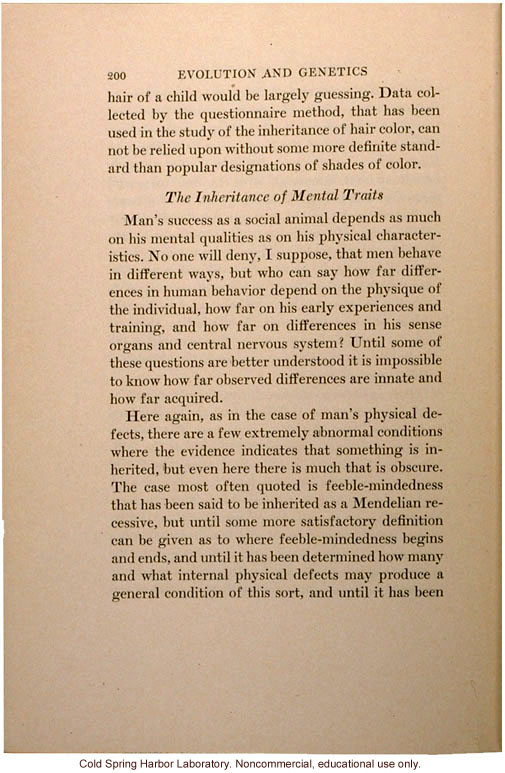 &quote;The Inheritance of Mental Traits,&quote; from Evolution and Genetics, by Thomas H. Morgan, an early criticism of eugenics in an important text