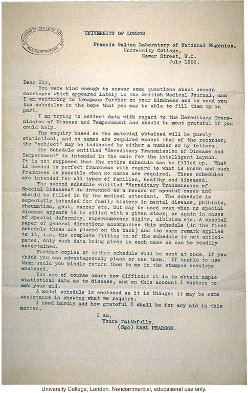 Karl Pearson cover letter for study on &quote;Hereditary Transmission of Disease and Temperment&quote; (version 2)