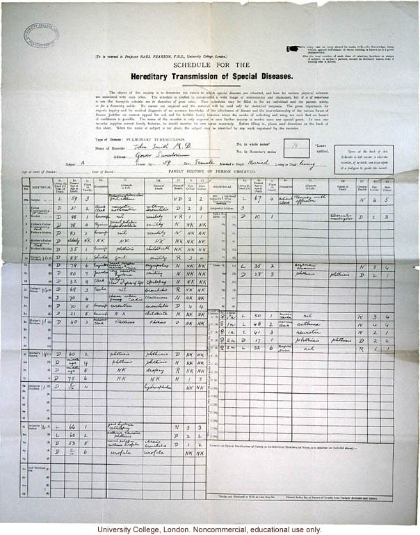 &quote;Schedule for the Hereditary Transmission of Special Diseases,&quote; completed for Karl Pearson study