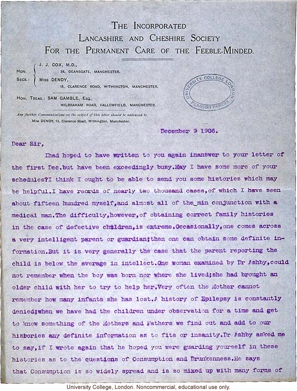 Mary Dendy letter to Karl Pearson, about difficulties in collecting pedigree data and interpreting disease traits in &quote;defective children&quote; (12/9/1906)