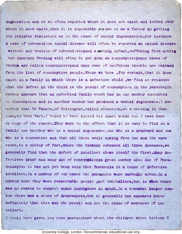 Mary Dendy letter to Karl Pearson, about difficulties in collecting pedigree data and interpreting disease traits in &quote;defective children&quote; (12/9/1906)