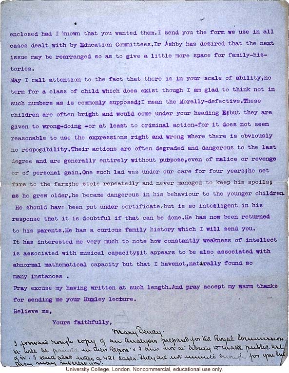 Mary Dendy letter to Karl Pearson, about difficulties in collecting pedigree data and interpreting disease traits in &quote;defective children&quote; (12/9/1906)