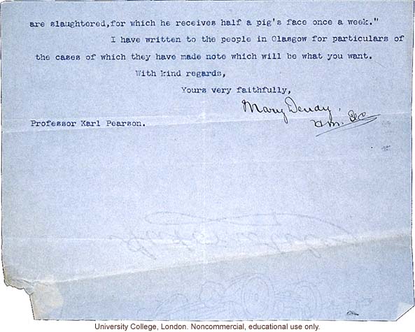 Mary Dendy letter to Karl Pearson, about case of &quote;Alfred D. aged 18 Feeble-minded&quote; whose only work is &quote;holding pigs whilst they are slaughtered&quote;