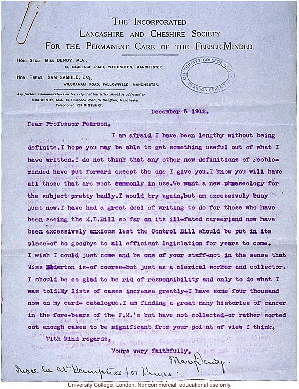 Mary Dendy letter to Karl Pearson, follow-up on definition of feeble-mindedness with reference to British eugenic legislation (12/5/1912)