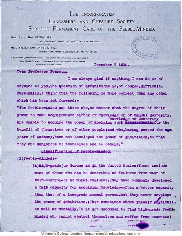 Mary Dendy letter to Karl Pearson, about definitions and confusing terms used to grade feeble-mindedness (12/5/1912)