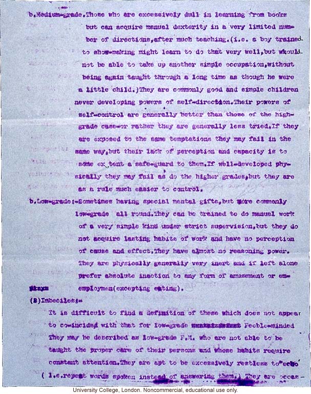 Mary Dendy letter to Karl Pearson, about definitions and confusing terms used to grade feeble-mindedness (12/5/1912)