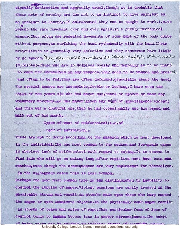 Mary Dendy letter to Karl Pearson, about definitions and confusing terms used to grade feeble-mindedness (12/5/1912)