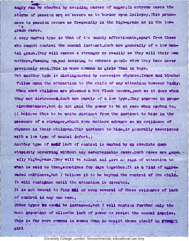 Mary Dendy letter to Karl Pearson, about definitions and confusing terms used to grade feeble-mindedness (12/5/1912)