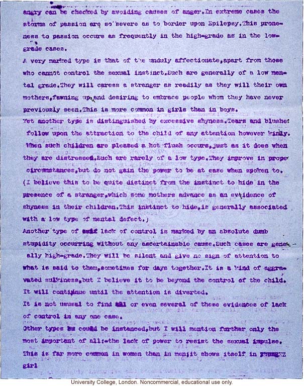 Mary Dendy letter to Karl Pearson, about definitions and confusing terms used to grade feeble-mindedness (12/5/1912)