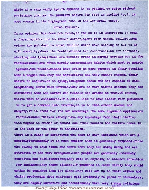 Mary Dendy letter to Karl Pearson, about definitions and confusing terms used to grade feeble-mindedness (12/5/1912)