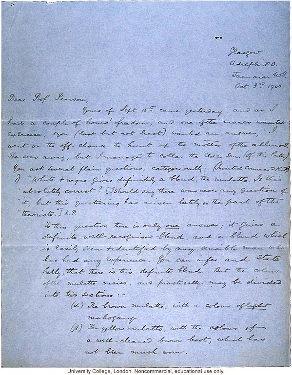 Isaac Costa letter to Karl Pearson, about race mixing in Jamaica with reference to mulatto &quote;just under your nose&quote; (10/3/1908)