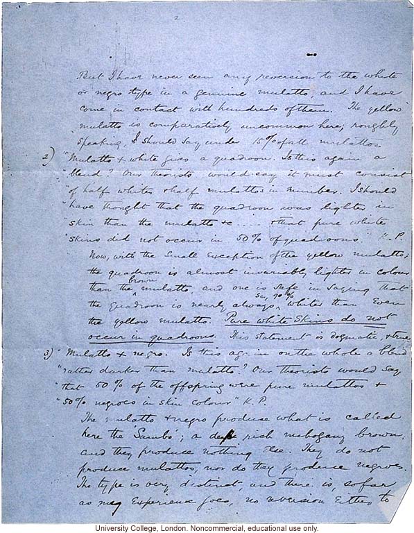 Isaac Costa letter to Karl Pearson, about race mixing in Jamaica with reference to mulatto &quote;just under your nose&quote; (10/3/1908)