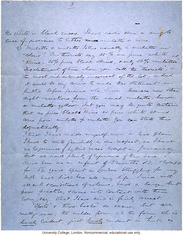 Isaac Costa letter to Karl Pearson, about race mixing in Jamaica with reference to mulatto &quote;just under your nose&quote; (10/3/1908)