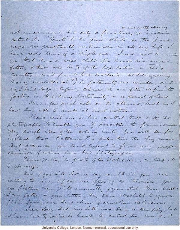 Isaac Costa letter to Karl Pearson, about race mixing in Jamaica with reference to mulatto &quote;just under your nose&quote; (10/3/1908)