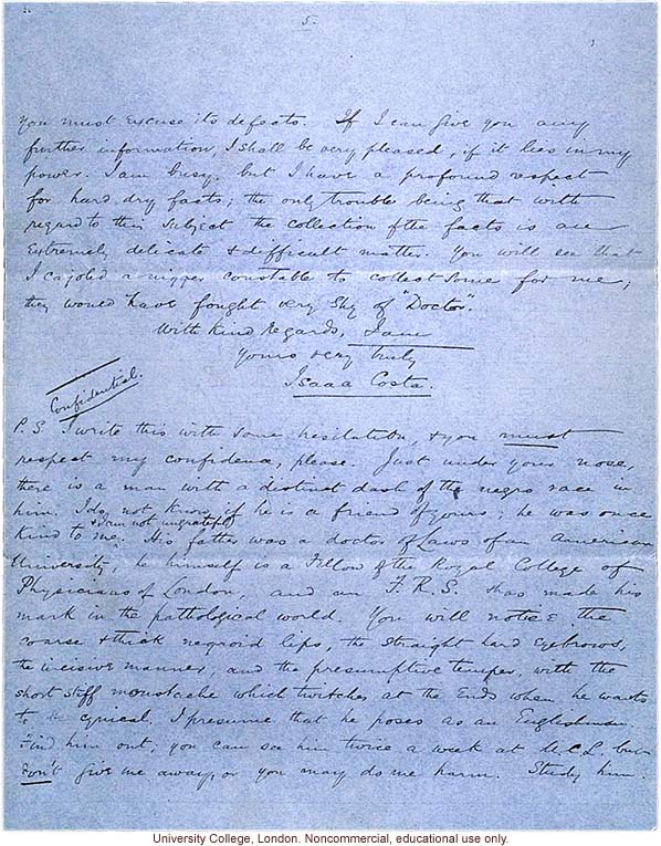 Isaac Costa letter to Karl Pearson, about race mixing in Jamaica with reference to mulatto &quote;just under your nose&quote; (10/3/1908)