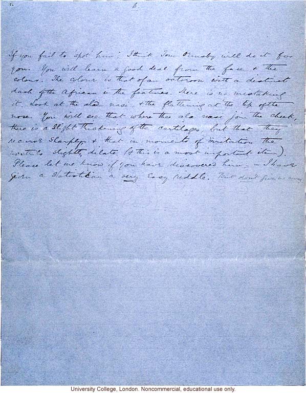 Isaac Costa letter to Karl Pearson, about race mixing in Jamaica with reference to mulatto &quote;just under your nose&quote; (10/3/1908)