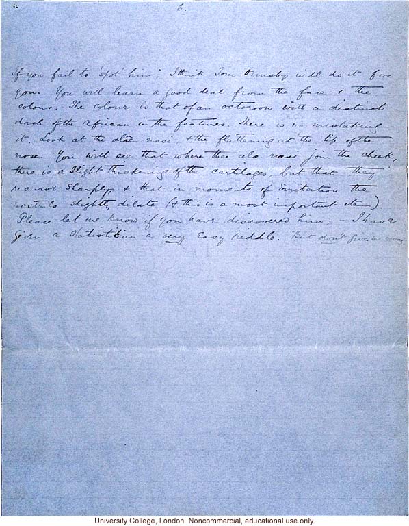 Isaac Costa letter to Karl Pearson, about race mixing in Jamaica with reference to mulatto &quote;just under your nose&quote; (10/3/1908)