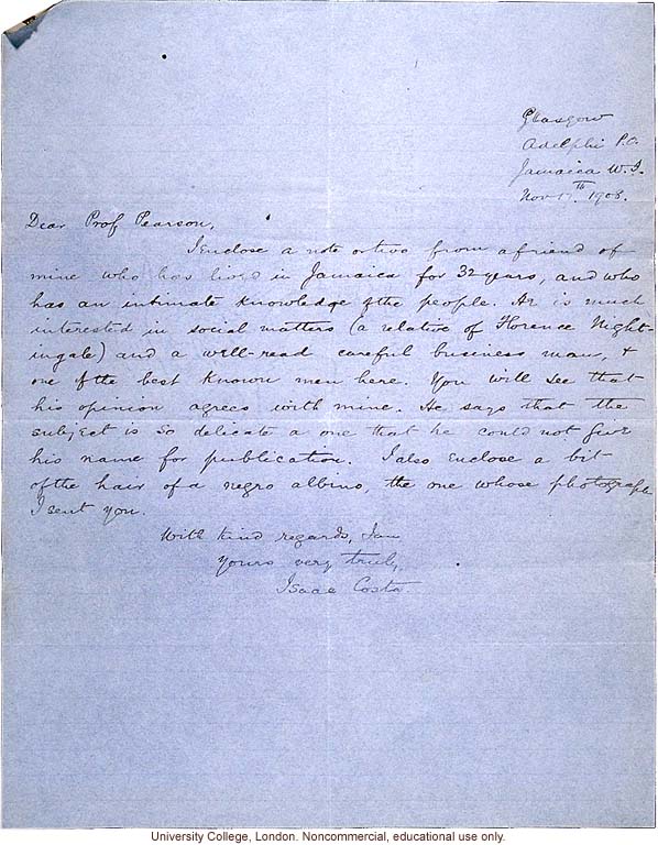 Issac Costa letter to Karl Pearson, with observations of race mixing in Jamaica provided his friend, &quote;a relative of Florence Nightingale&quote; (11/17/1908)