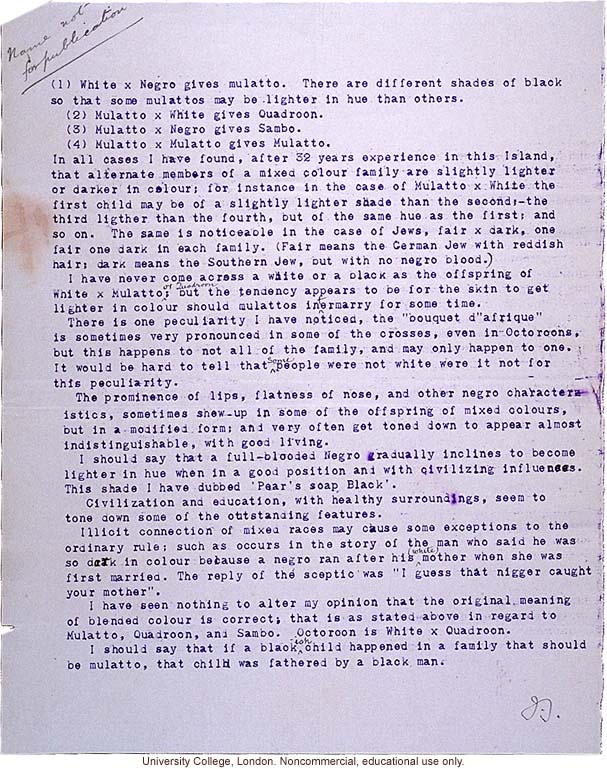 Issac Costa letter to Karl Pearson, with observations of race mixing in Jamaica provided his friend, &quote;a relative of Florence Nightingale&quote; (11/17/1908)