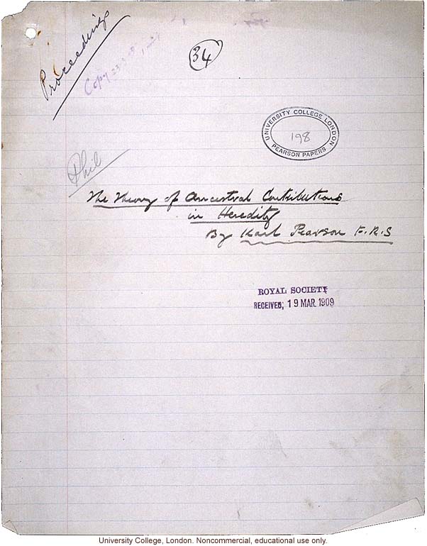 &quote;Theory of Ancestral Contributions in Heredity,&quote; handwritten manuscript by Karl Pearson, published in Proceedings of the Royal Society (vol. 81:547)