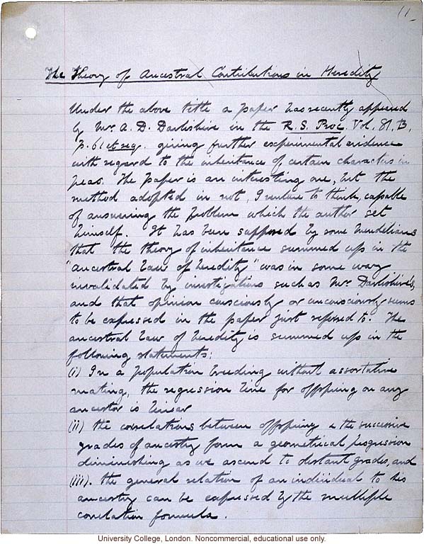 &quote;Theory of Ancestral Contributions in Heredity,&quote; handwritten manuscript by Karl Pearson, published in Proceedings of the Royal Society (vol. 81:547)