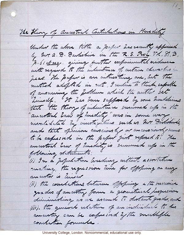 &quote;Theory of Ancestral Contributions in Heredity,&quote; handwritten manuscript by Karl Pearson, published in Proceedings of the Royal Society (vol. 81:547)