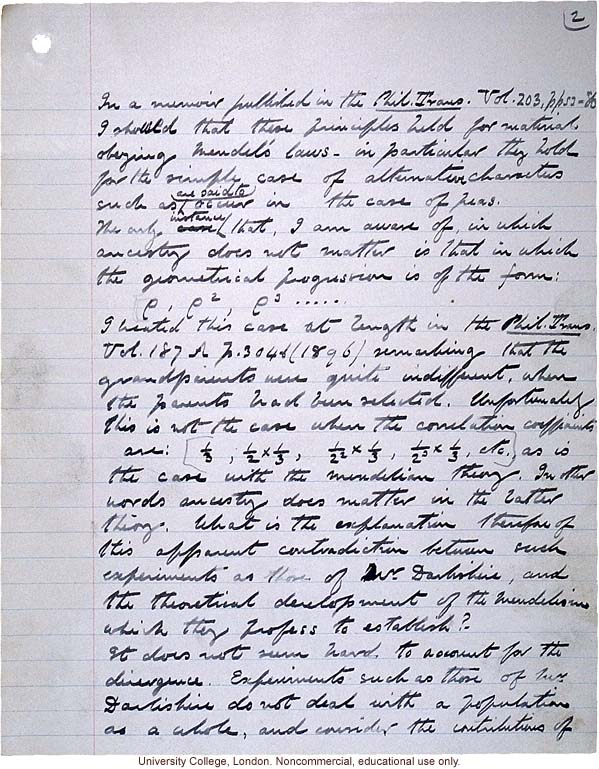 &quote;Theory of Ancestral Contributions in Heredity,&quote; handwritten manuscript by Karl Pearson, published in Proceedings of the Royal Society (vol. 81:547)