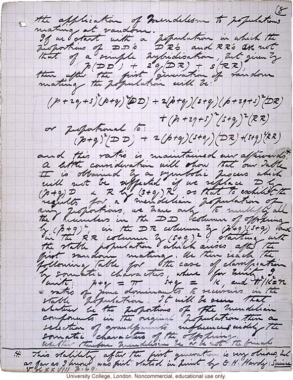 &quote;Theory of Ancestral Contributions in Heredity,&quote; handwritten manuscript by Karl Pearson, published in Proceedings of the Royal Society (vol. 81:547)