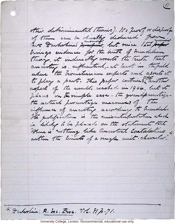 &quote;Theory of Ancestral Contributions in Heredity,&quote; handwritten manuscript by Karl Pearson, published in Proceedings of the Royal Society (vol. 81:547)