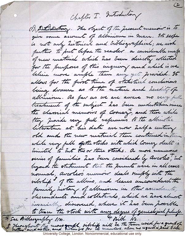 &quote;Albinism in Man: A Monograph (Part 1),&quote; handwritten manuscript by Karl Pearson,  with E. Nettleship and C.H. Usher, published in 1911