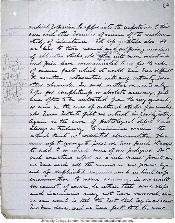 &quote;Albinism in Man: A Monograph (Part 1),&quote; handwritten manuscript by Karl Pearson,  with E. Nettleship and C.H. Usher, published in 1911