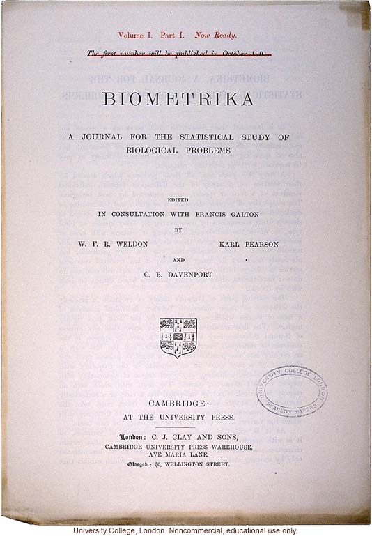 Announcement for &quote;Biometrika, A Journal for the Statistical Study of Biological Problems,&quote; established by Karl Pearson