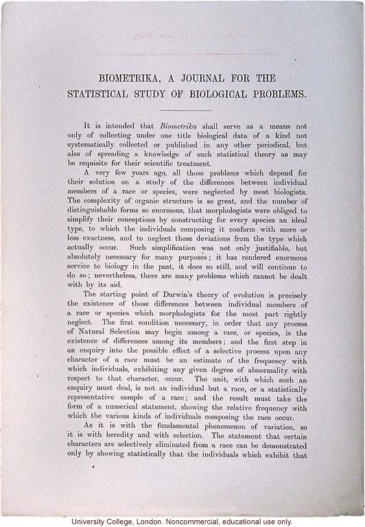 Announcement for &quote;Biometrika, A Journal for the Statistical Study of Biological Problems,&quote; established by Karl Pearson