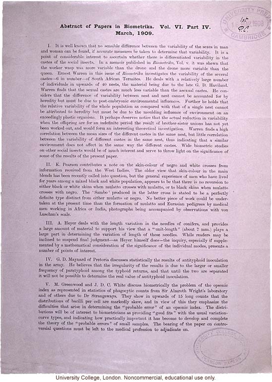 Biometrika abstracts (vol. 6:4), including Karl Pearson's note on Jamaica race mixing based on observations provided by Isaac Costa