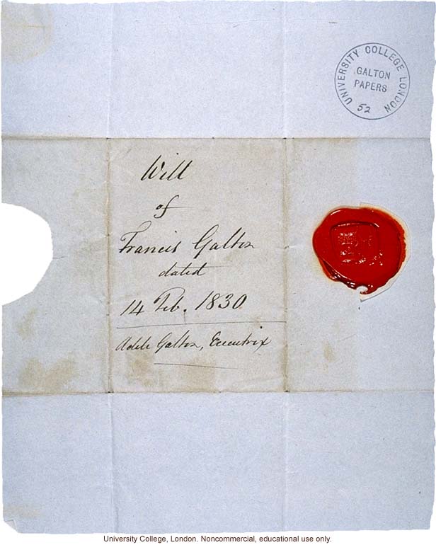 &quote;Will of Francis Galton, dated 14 Feb. 1830,&quote; created two days before his eighth birthday and witnessed by family members